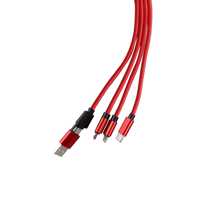 A red custom shape light-up charging cable with a keyring, featuring multiple connectors. It has a sleek design and branding.