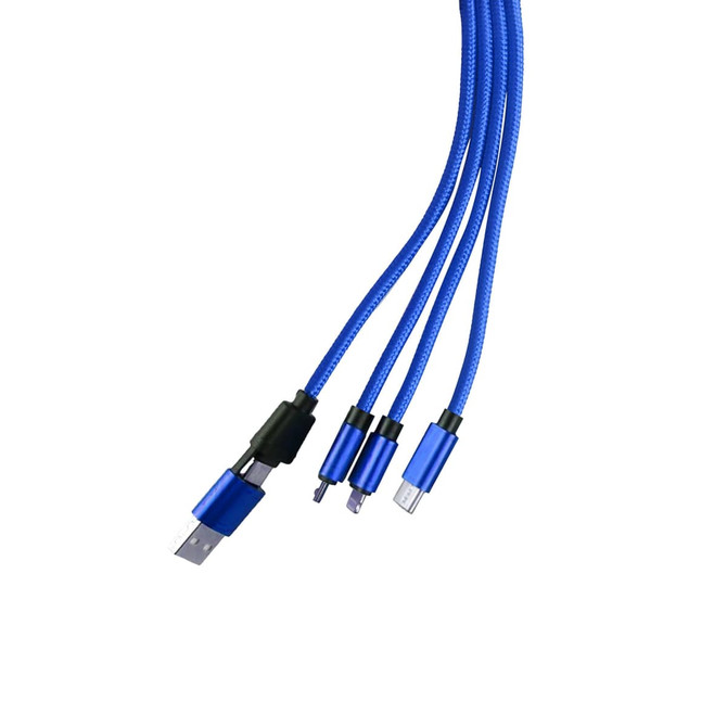 A blue custom shape light-up charging cable with three connectors, featuring a keyring attachment and a logo.