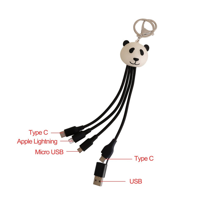 A custom-shaped charging cable with a panda design and keyring, featuring Type C, Apple Lightning, and Micro USB connectors.