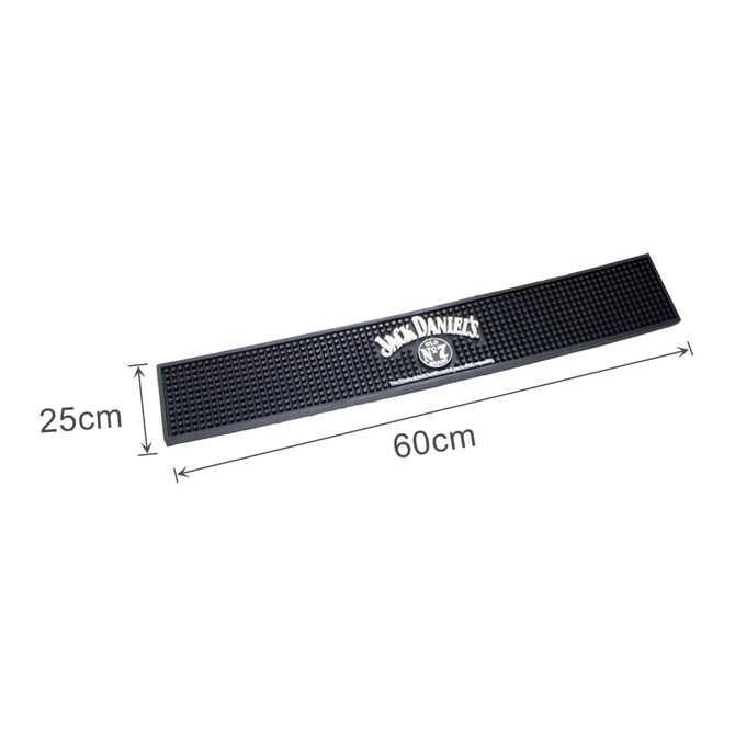 A black moulded PVC bar runner featuring a logo, measuring 25cm by 60cm, with a textured surface.