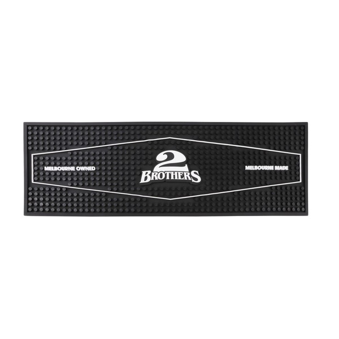 A black moulded PVC bar runner with textured surface and a logo in the centre.