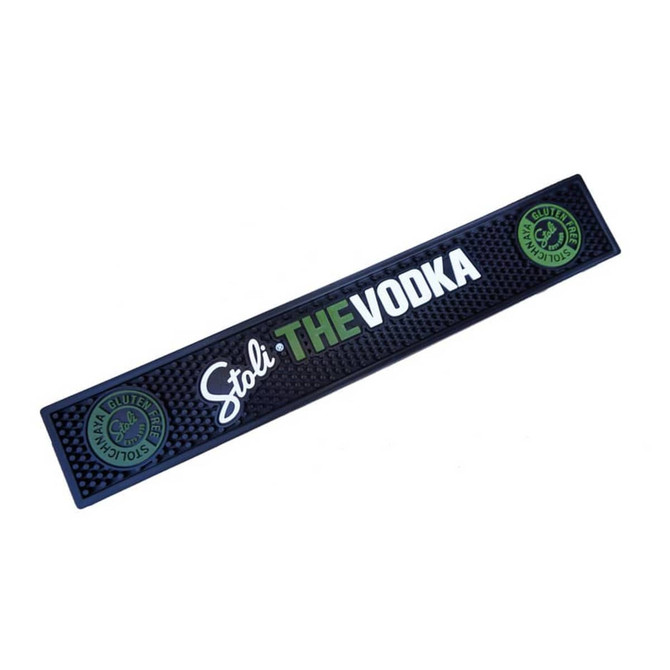 A black moulded PVC bar runner featuring logos and text in white and green. Ideal for home bars and living spaces.