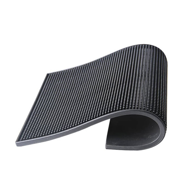 A black moulded PVC bar runner with a textured surface, featuring a curved, flexible design.
