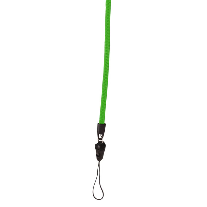 A bright green zipper lanyard with a black attachment clip and loop at the end.