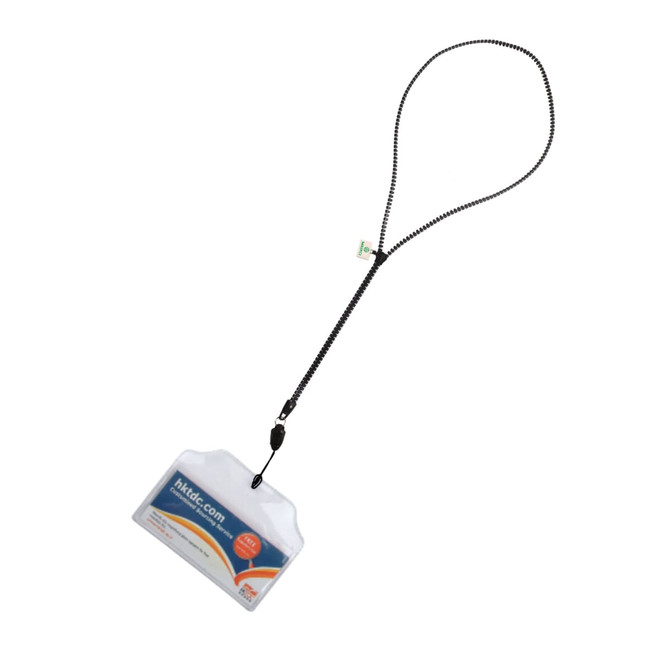 A black zipper lanyard featuring a clear PVC tag for identification or access purposes.