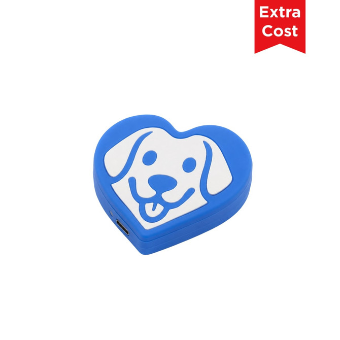 A blue heart-shaped wireless charger featuring a dog face design, with a logo on the side.