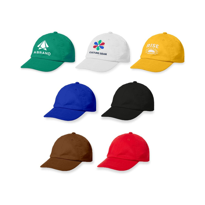 A display of sport caps in green, white, yellow, blue, black, brown, and red, each featuring a different logo.