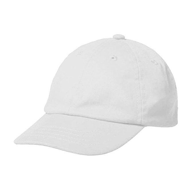 A white sports cap featuring a curved brim and a logo on the front. Ideal for outdoor activities.