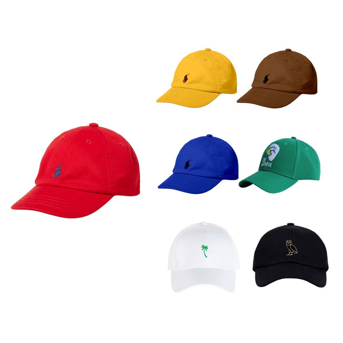 A collection of caps in red, yellow, brown, blue, green, white, and black, featuring various logos.