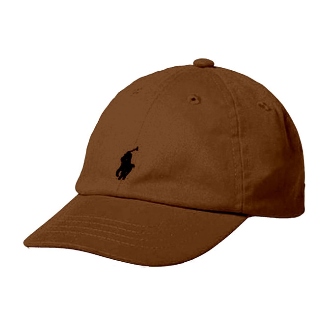 A brown cap with a curved brim and a logo on the front.