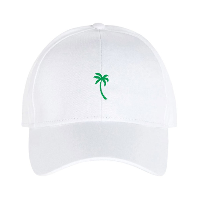 A white cap featuring a green palm tree design and a logo on the front.