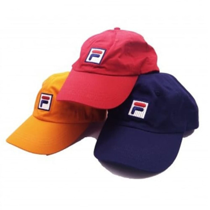 Three sport caps displayed in red, orange, and navy colours, each featuring a logo on the front.