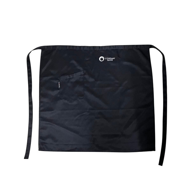 A black polyester canvas half apron with a pocket and a logo on one side.