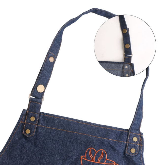 A denim full bib apron with a neck strap featuring a side view of the adjustable strap and a small inset of the clip.