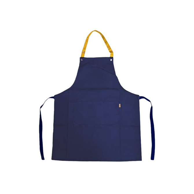 A navy blue poly-cotton canvas apron with a yellow neck strap and ties, featuring multiple pockets and a logo.