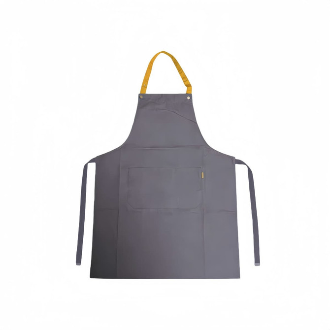 A full bib apron in grey with a yellow neck strap and one front pocket, featuring a logo.