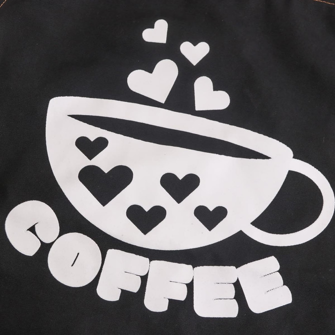 A black apron featuring a white design of a coffee cup with hearts and the word "COFFEE" below it.