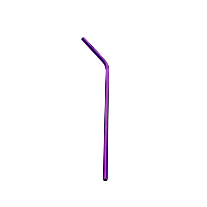 A purple stainless steel straw with a bent design, featuring a logo.