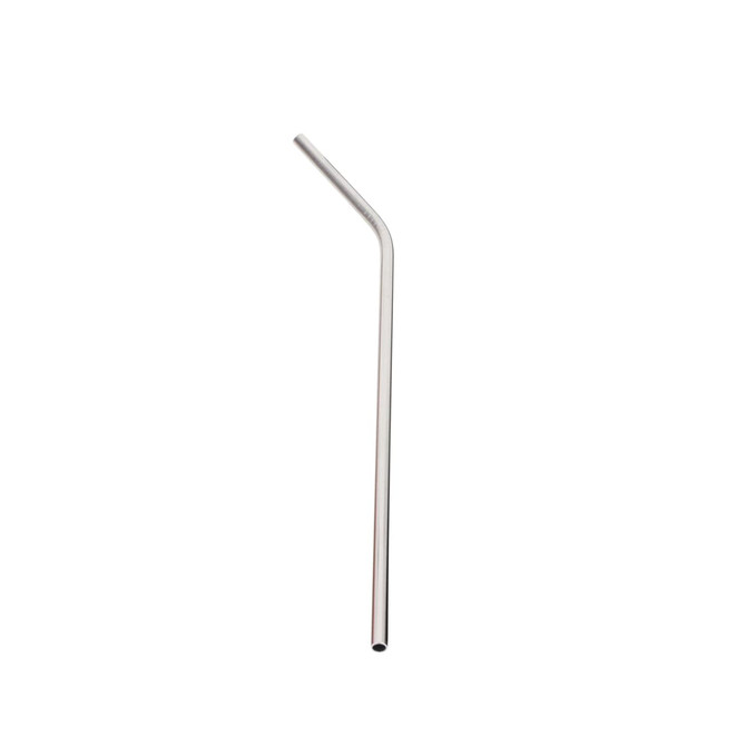 A stainless steel drinking straw, featuring a sleek design with a slight bend, on a plain background.