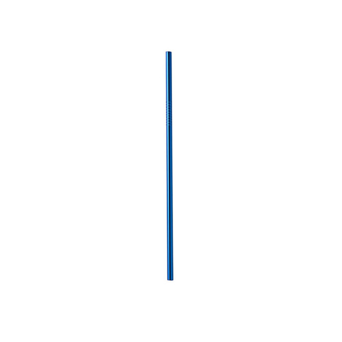A stainless steel drinking straw in a vibrant blue colour, featuring a logo at one end.