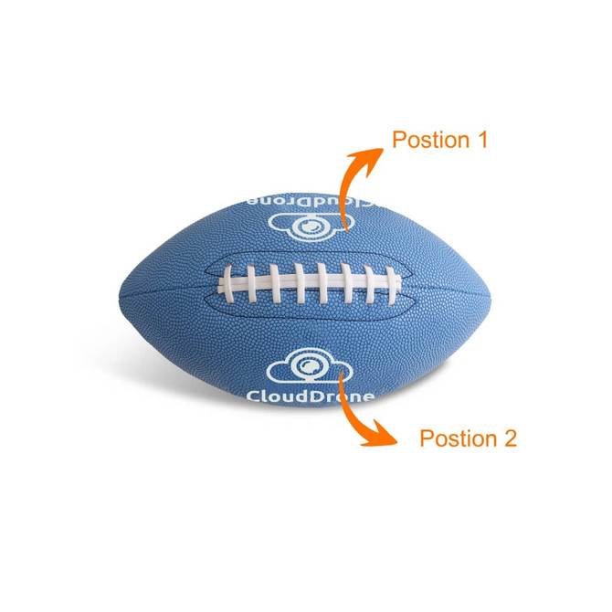 A blue American football with textured surface and white laces. It features a logo but the details are not specified.