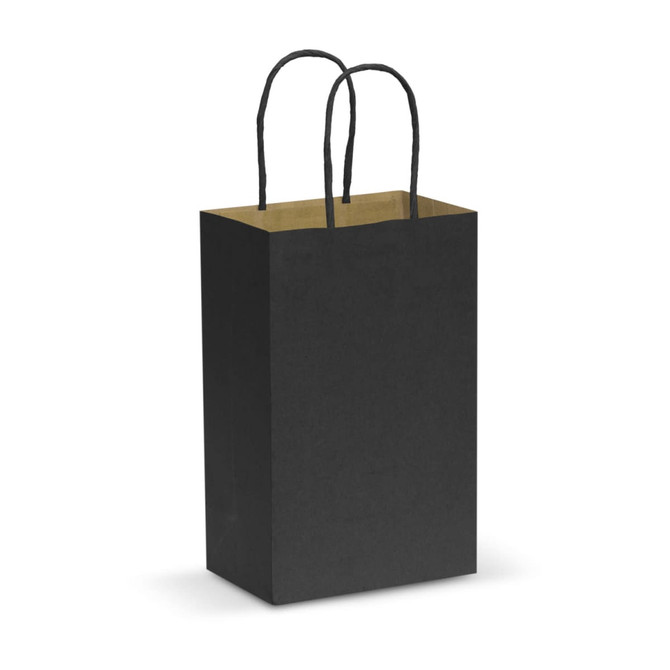 A small black paper carry bag with twisted black handles and a kraft paper interior.