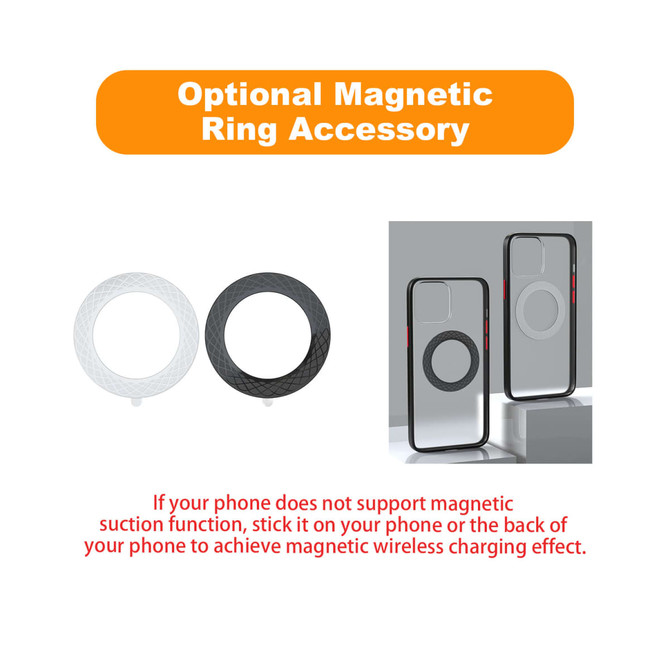 A magnetic ring accessory in white and black, designed to enhance wireless charging for phones. Features a logo.