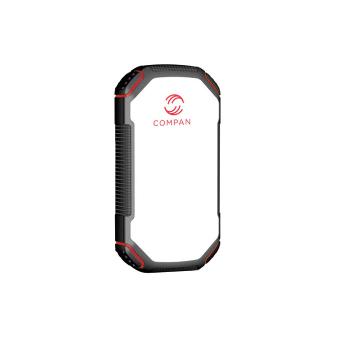 A rugged black and white power bank with red accents and a logo, designed for outdoor use.