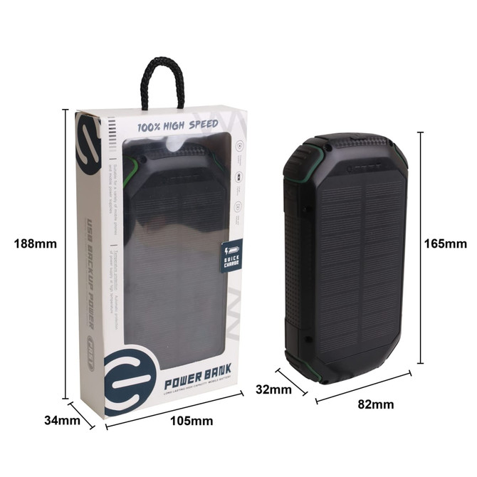 A black outdoor solar wireless power bank with green accents, displayed in its packaging.