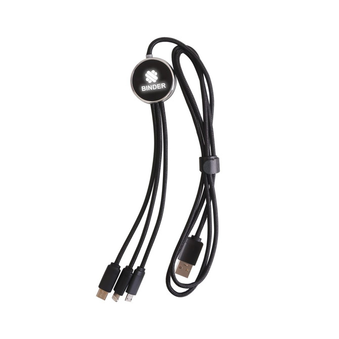 A 1.2m long charging cable in black, featuring three connectors and a round logo.