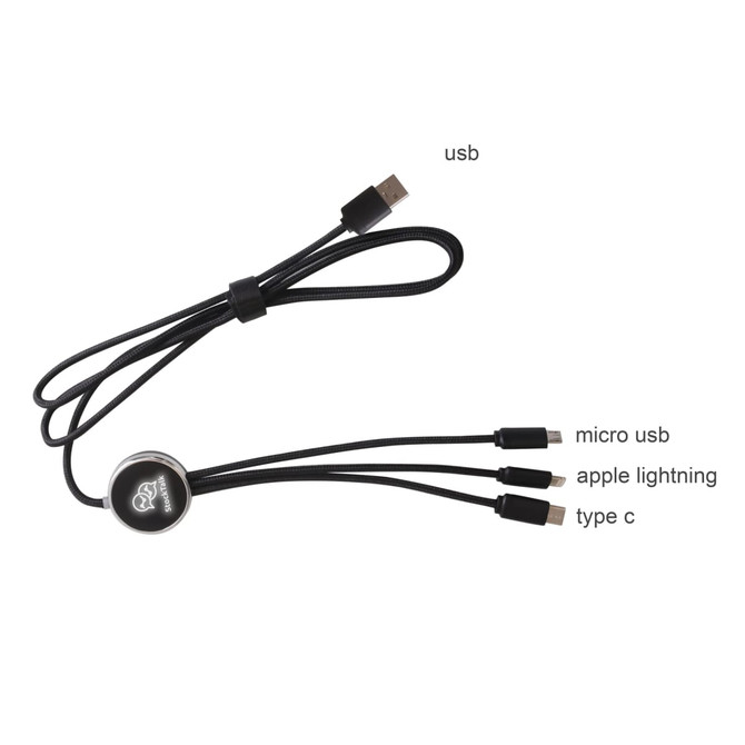 A black 1.2m long charging cable featuring USB, micro USB, Apple Lightning, and Type C connectors.