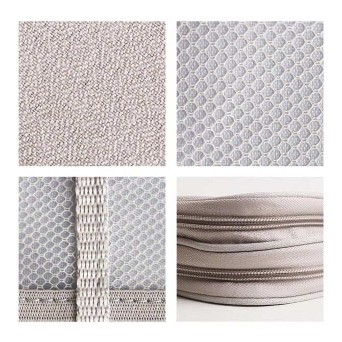 A collection of grey fabric textures, including woven patterns, mesh, and zippers, showcasing material details for a product.