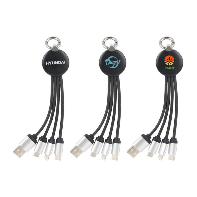 A round light-up charging cable in black with multiple connectors and a logo on one side, featuring three variations.