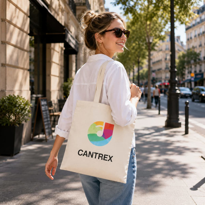 A woman is carrying a cream-coloured tote bag with a logo outside in a sunny city street.