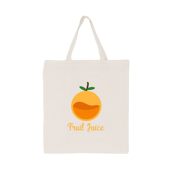 A calico bag in natural colour featuring an orange fruit design with the text "Fruit Juice" and a logo.