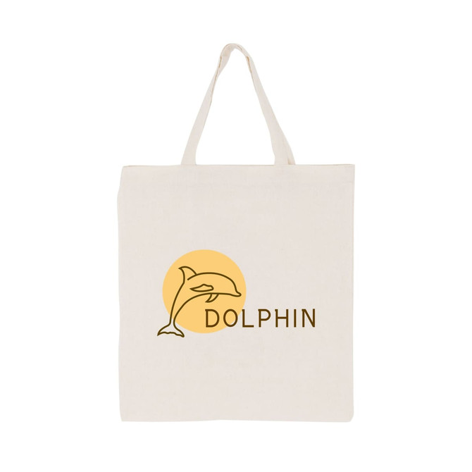A cream calico bag featuring a dolphin design and a circular background, with a short handle.