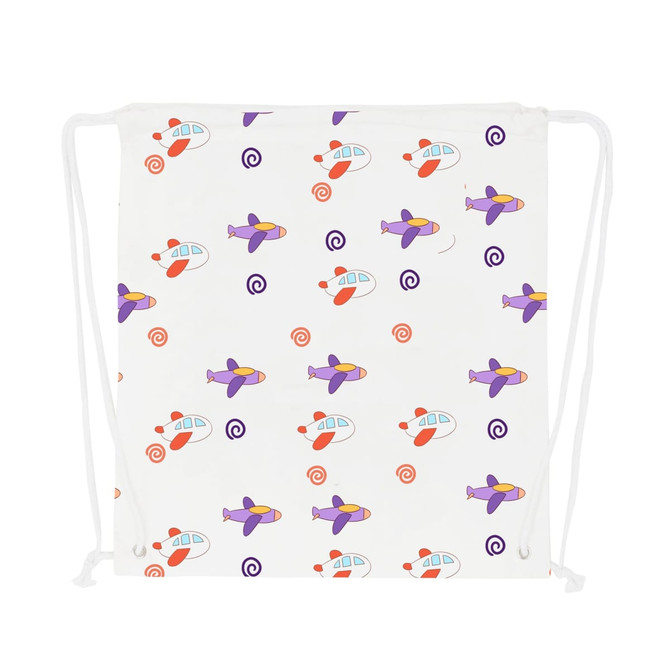 A drawstring cotton bag featuring a playful pattern of purple and red planes on a white background with colourful swirls.