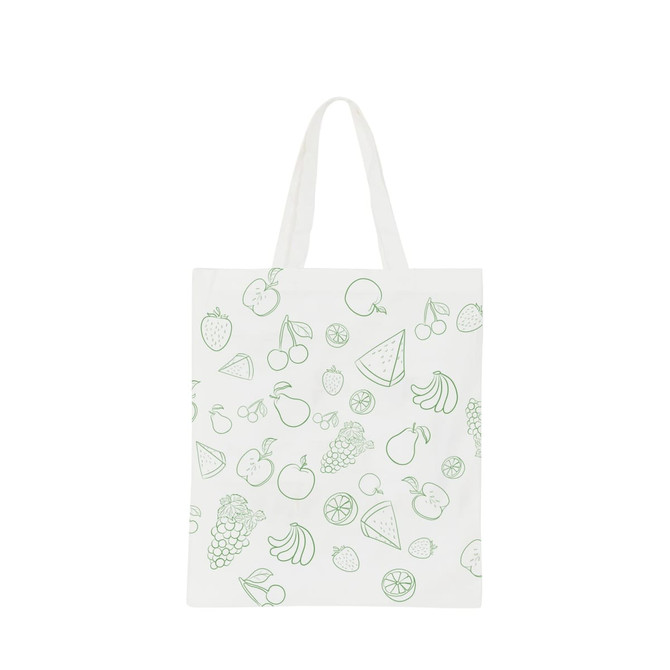 A white cotton tote bag featuring a green fruit pattern and short handles, with a logo on the side.