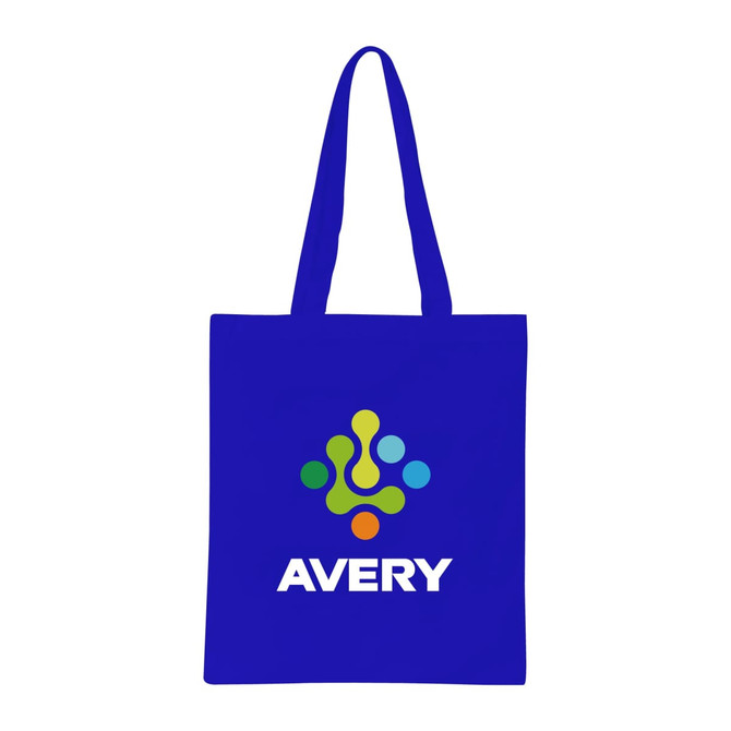 A blue cotton tote bag with long handles and a logo.