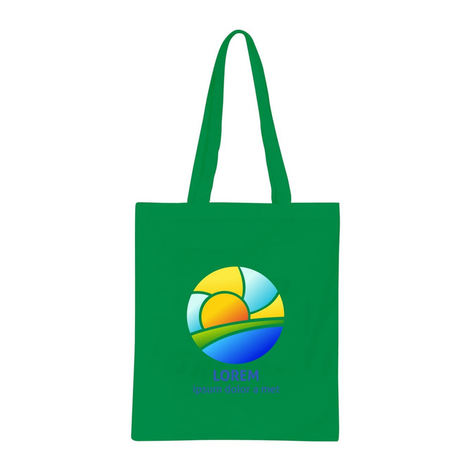 A green long handle cotton bag with a circular logo featuring a sun and landscape design.