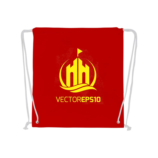 A red drawstring cotton bag featuring a logo with yellow detailing and white drawstrings.