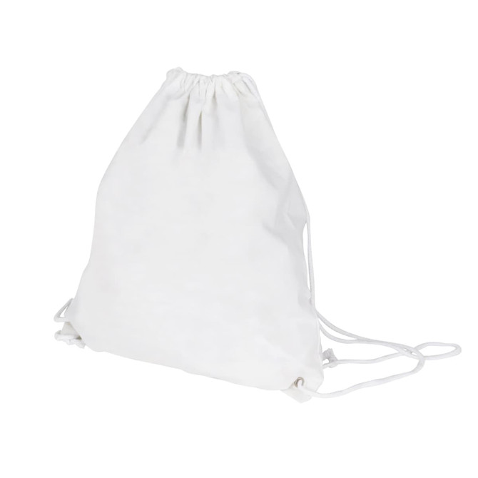 A white drawstring cotton bag with gathered top and cords for closure, featuring a logo.