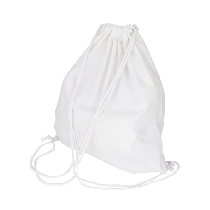 A white cotton drawstring bag with two matching strings for closure. It has a simple, minimalist design.