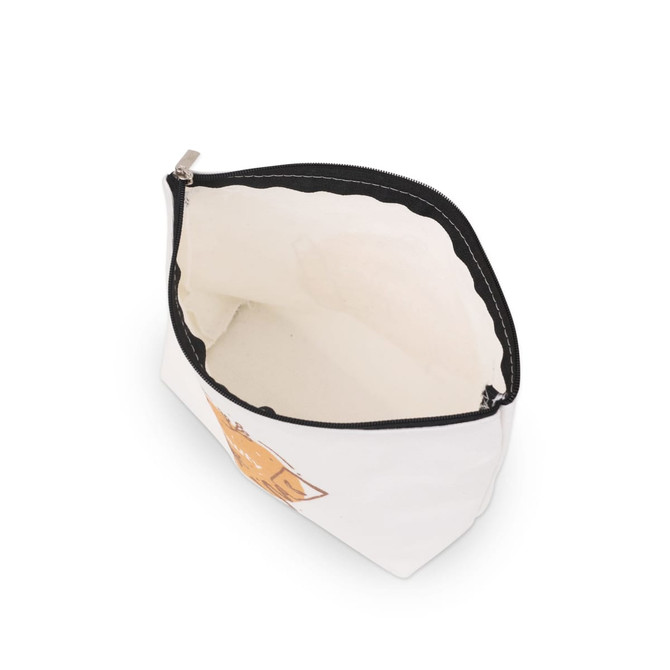 A canvas cosmetic bag in white with a black zipper. The interior is unlined and spacious, suitable for storing items.
