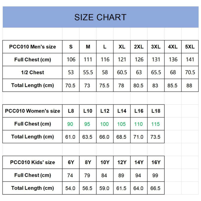 A size chart detailing measurements for men's, women's, and kids' polo shirts in centimetres.