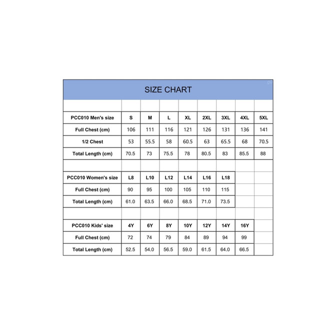 A size chart displaying measurements for men's, women's, and kids' polo shirts.