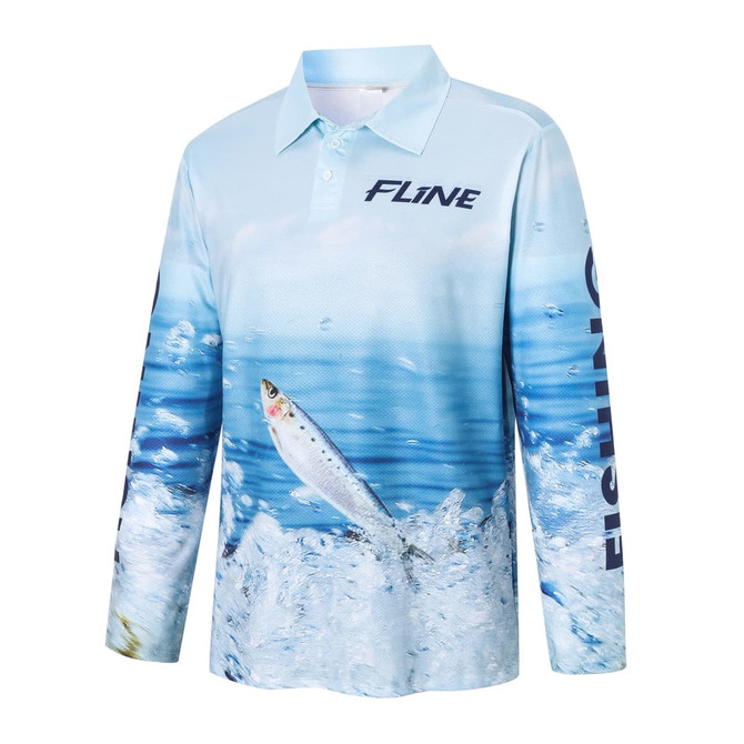 A light blue long-sleeve polo shirt featuring a fish design and a logo on the sleeve.
