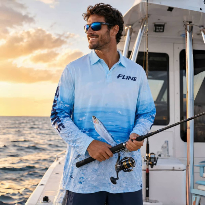 A men's long-sleeve fishing polo in light blue ombre design, featuring a logo, with a person holding a fishing rod.