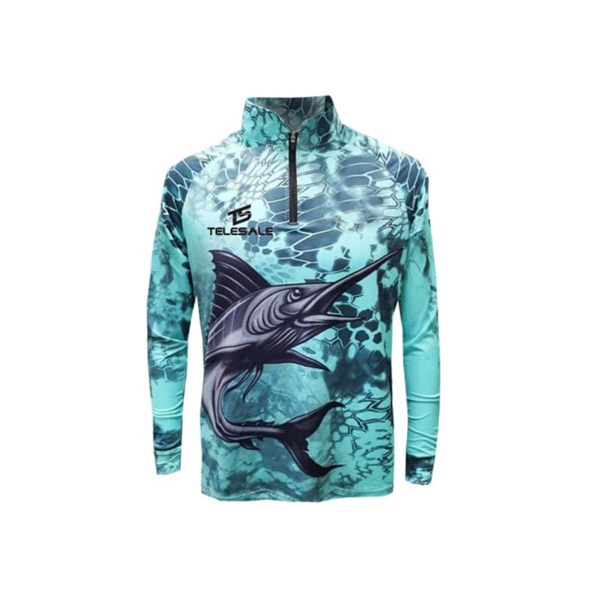 A 1/4 zip fishing pullover in teal with a marlin graphic and a logo on the front. Made of polyester spandex.