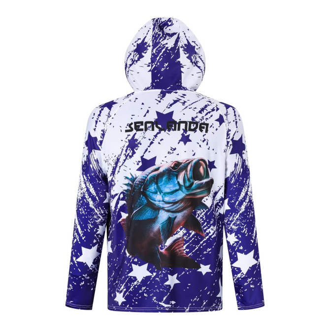 A blue and white hooded fishing shirt with a fish graphic and star patterns, featuring a logo on the back.